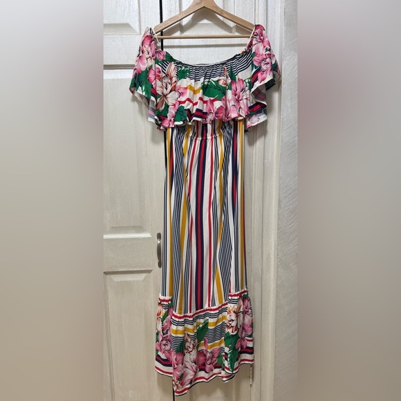 Flying Tomato Women L Floral Stripe Multicolor Off The Shoulder Long Dress - Picture 3 of 12